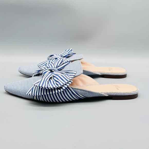 J Crew Sandals Womens 8.5 Blue White Stripes Mules Bow Pointed Toe Slides Flat - Picture 5 of 12
